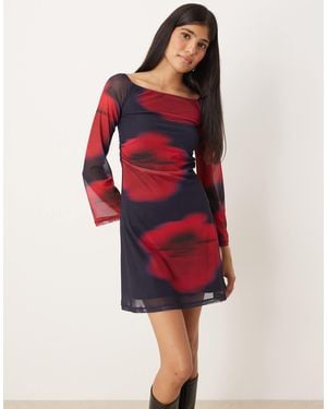 JJXX Mesh Long Sleeve Dress With Floral Print - Red