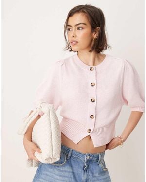 ASOS Crew Neck Cardigan With Puff Sleeve - Natural