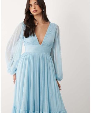 LACE & BEADS Bridesmaid Smocked Madison Long Sleeve Maxi Dress - Blue