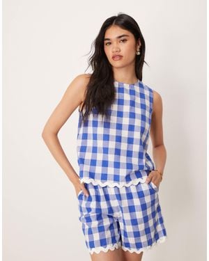 Y.A.S Woven Gingham Top Co-ord With Scallop Trims - Blue
