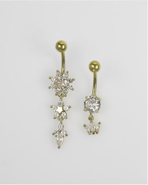 Lovisa Pack De 2 Piercings Para El Ombligo Con Diseño Floral De Acero Inoxidable Chapado En Oro De - Blanco