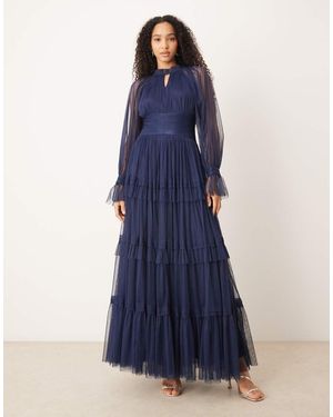 LACE & BEADS Rosalia Tulle Sheer Bell Sleeve Tiered Maxi Dress - Blue