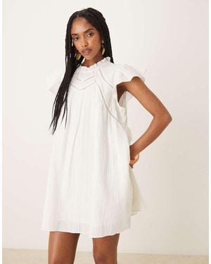Y.A.S Ruffle Sleeve Mini Smock Dress With Ladder Stitch Yoke Detail - White