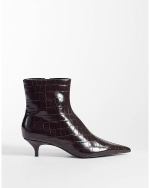 Mango Faux Leather Croc Look Kitten Heeled Ankle Boot - White