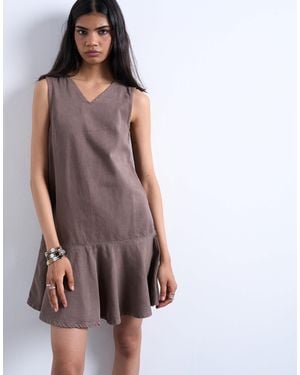 TOPSHOP Denim V Neck Peplum Mini Dress - Brown