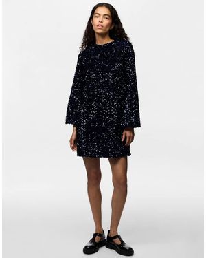 Pieces Kammy Mini Jurk Met Lovertjes, Ronde Hals En Lange Mouwen - Blauw