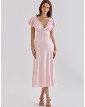 House Of Cb Ravella Real Silk V-Neck Midi Tea Dress - Pink