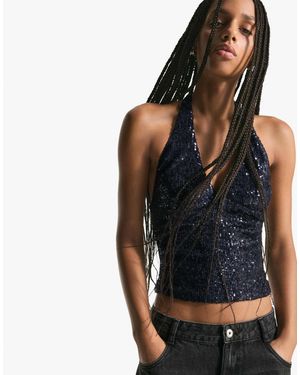 Bershka – drapiertes neckholder-oberteil mit paillettenbesatz - Schwarz