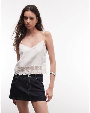 Monki Textured Satin Lace Top - White