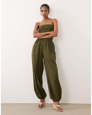 Nobody's Child Carly Cotton Bandeau Shirred Bodice Balloon Leg Jumpsuit - Green