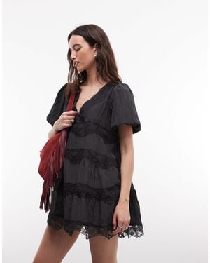 Daisy Street Lace Insert Smock Mini Dress - Pink