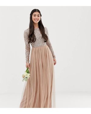 Maya Petite Bridesmaid Long Sleeve Maxi Tulle Dress With Tonal Delicate Sequins - Natural