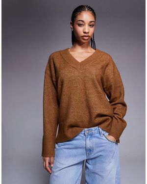 River Island Pull en maille à col v - marron - Bleu