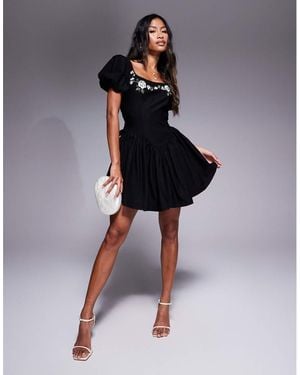 Love Triangle Puff Sleeve Embroidered Mini Dress With Open Back - Blue