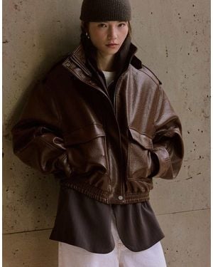 Bershka Leather Effect Funnel Neck Jacket - Brown