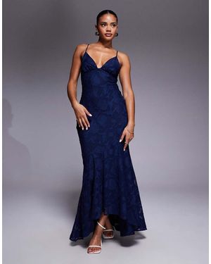 Princess Polly Cyrene Floral Devore Plunge Open Strappy Back Detail High Low Fishtail Maxi Dress - Blue