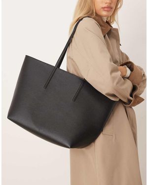 Mango Bolso Tote Clásico De Cuero Sintético De - Negro