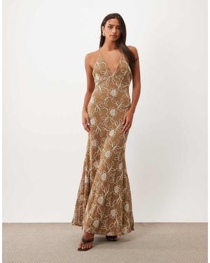 ASOS Embroidered Crochet Maxi Dress With Cut Outs - Natural