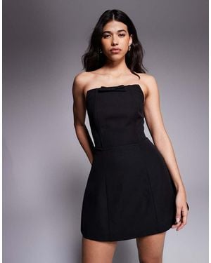 Wanderdoll Square Neck Bandeau Structured Bow Detail Mini Dress - Black