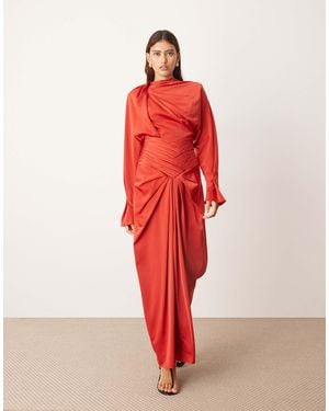 ARRANGE Drape Neck Strong Shoulder Maxi Dress With Open Back - Red