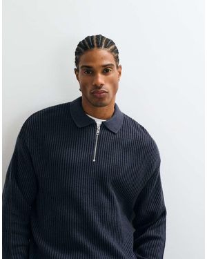 JJ Rebel Ribbed Quarter Zip Polo Jumper - Blue
