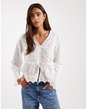 Pieces Long Sleeve Embroidered Blouse With Waist Detail - White