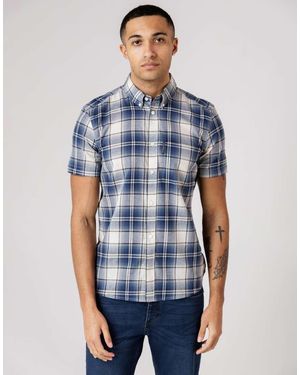 French Connection Cotton Short Sleeve Checked Chest Pocket Shirt - Blue