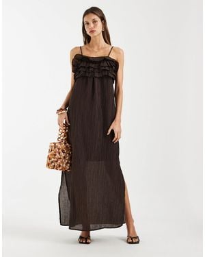 Object Robe longue texturée à volants et bretelles fines - chocolat - Marron
