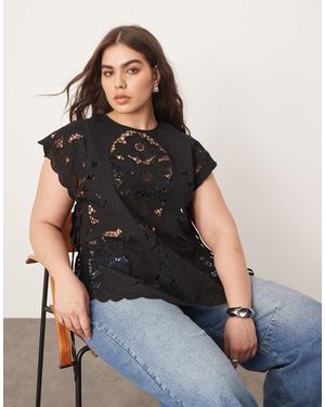ARRANGE Curve - top en coton avec broderies ajourées et liens noués sur les côtés - Noir