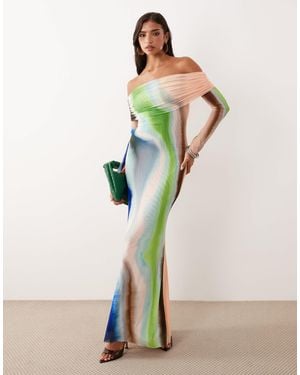 AFRM – essie – schulterfreies, gerafftes maxikleid mit abstraktem muster - Grün