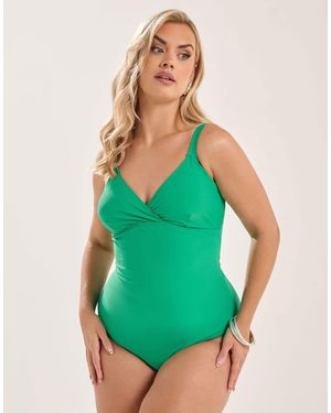 Yours Clothing Plunge Neckline Corset Swimsuit - Green