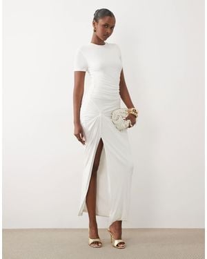 Ruched & Ready Miss Me Yet Sculpted Jersey Knot Waist Detail T-shirt Maxi Dress - Natural