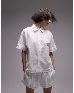 SNDY'S Linen Blend Short Sleeve Flower Applique Detail Shirt Co-ord - Gray