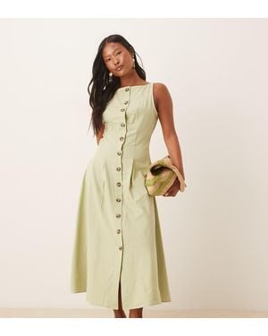 ASOS Asos Design Petite Slash Neck Button Down Waistcoat Midi Dress Sage - Natural