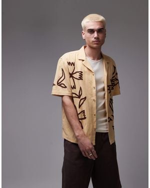 TOPMAN Relaxed Fit Camp Collar Embroidered Shirt - Gray