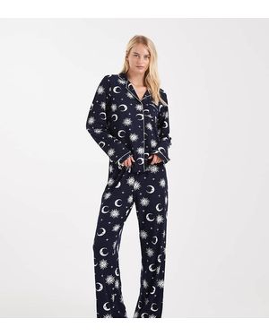 Loungeable Pijama Con Estampado Cósmico, Detalle De Ribetes Y Cuello Con Solapas De Punto Muy Suave De Tall - Azul