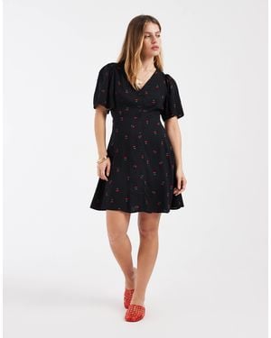 Vero Moda Button Through Mini Skater Dress With Cherry Print - Black