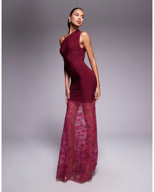 Kaiia Exclusive Double Layered Slinky Twist Off Shoulder Asymmetric Sheer Lace Skirt Maxi Dress