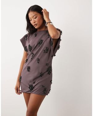 ASOS Asos Design Petite Open Back Cluster Embellished Mini T-shirt Dress - Brown