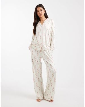Threadbare Button Down Super Soft Pyjama Set With Floral Print - White