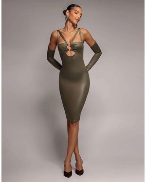 Goddiva Faux Leather Cut Out Sheath Midi Dress - Brown