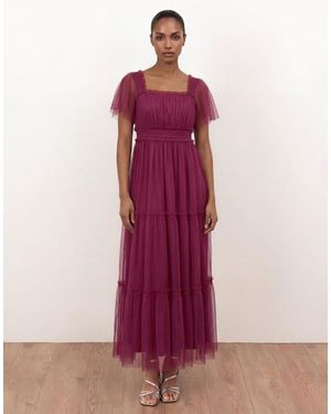 ANAYA Square Neck Short Sleeve Tulle Midaxi Dress - Pink