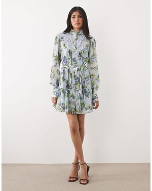 Hope & Ivy Chiffon High Neck Balloon Sleeve Dropped Waist Mini Dress - Blue
