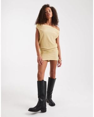 Edikted Eris Metallic Off Shoulder Knitted Mini Dress - Natural