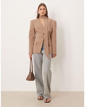 ASOS Cinch Shoulder Pad Blazer With Scarf Co Ord - Natural
