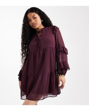 New Look Ruffle Chiffon Long Sleeve Mini Dress - Purple