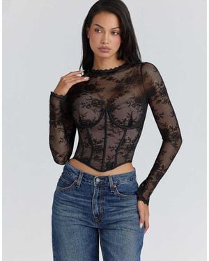 House Of Cb Zoe Lace Long Sleeve Corset Top - Black