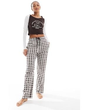 Brave Soul Cropped Long Sleeve T-shirt And Wide Leg Check Trousers Lounge Set - White