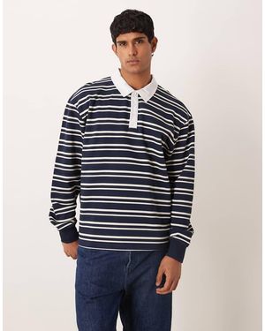 ASOS Sudadera A Rayas Blancas Y Holgada De Estilo Rugby Con Cuello Tipo Polo De - Azul