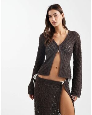 4th & Reckless Cotton Rich Crochet Knit Ring Detail Flare Sleeve Beach Top Co-ord - Black